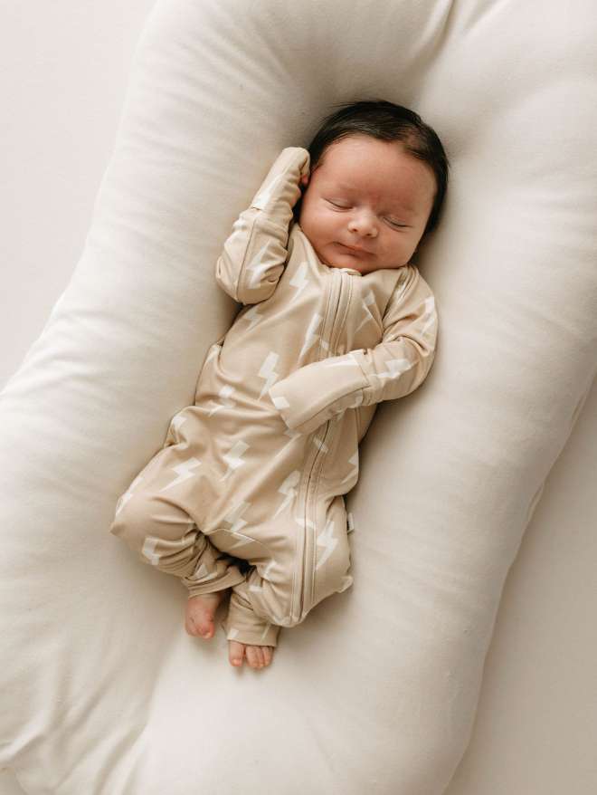 Bamboo Zip Pajamas | Tan & Cream Lightning Bolt | Milk & Baby