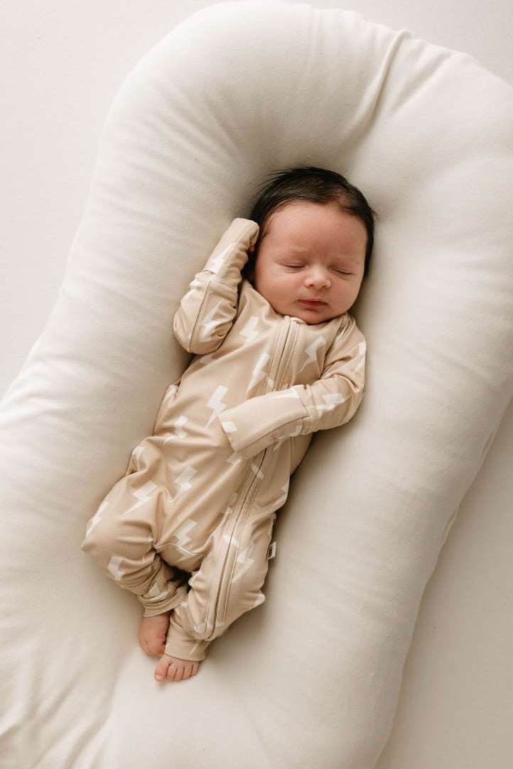 Bamboo Zip Pajamas | Tan & Cream Lightning Bolt | Milk & Baby