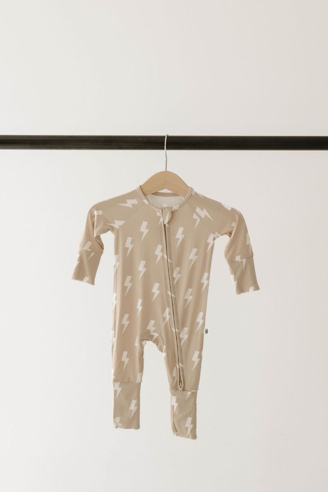 Tan & Cream Lightning Bolt | Bamboo Zip Pajamas | Milk & Baby