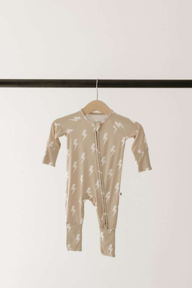 Bamboo Zip Pajamas | Tan & Cream Lightning Bolt | Milk & Baby