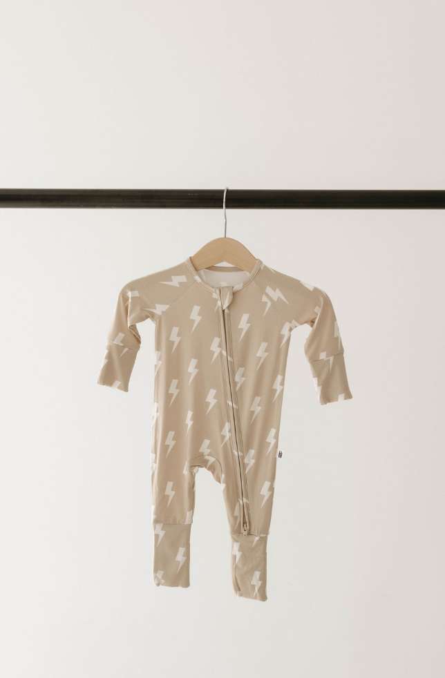 Bamboo Zip Pajamas | Tan & Cream Lightning Bolt | Milk & Baby