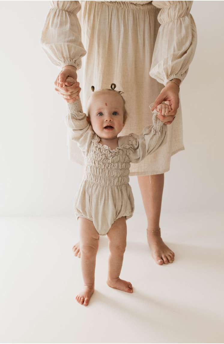 Flax | Long Sleeve Linen Romper Milk & Baby