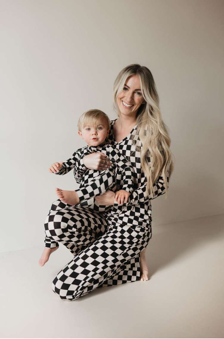 Black Checkerboard | Bamboo Zip Pajamas Milk & Baby