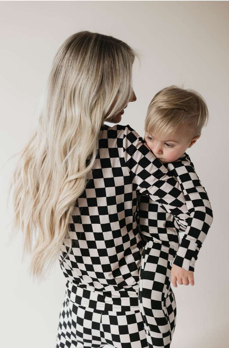 Black Checkerboard | Bamboo Zip Pajamas Milk & Baby