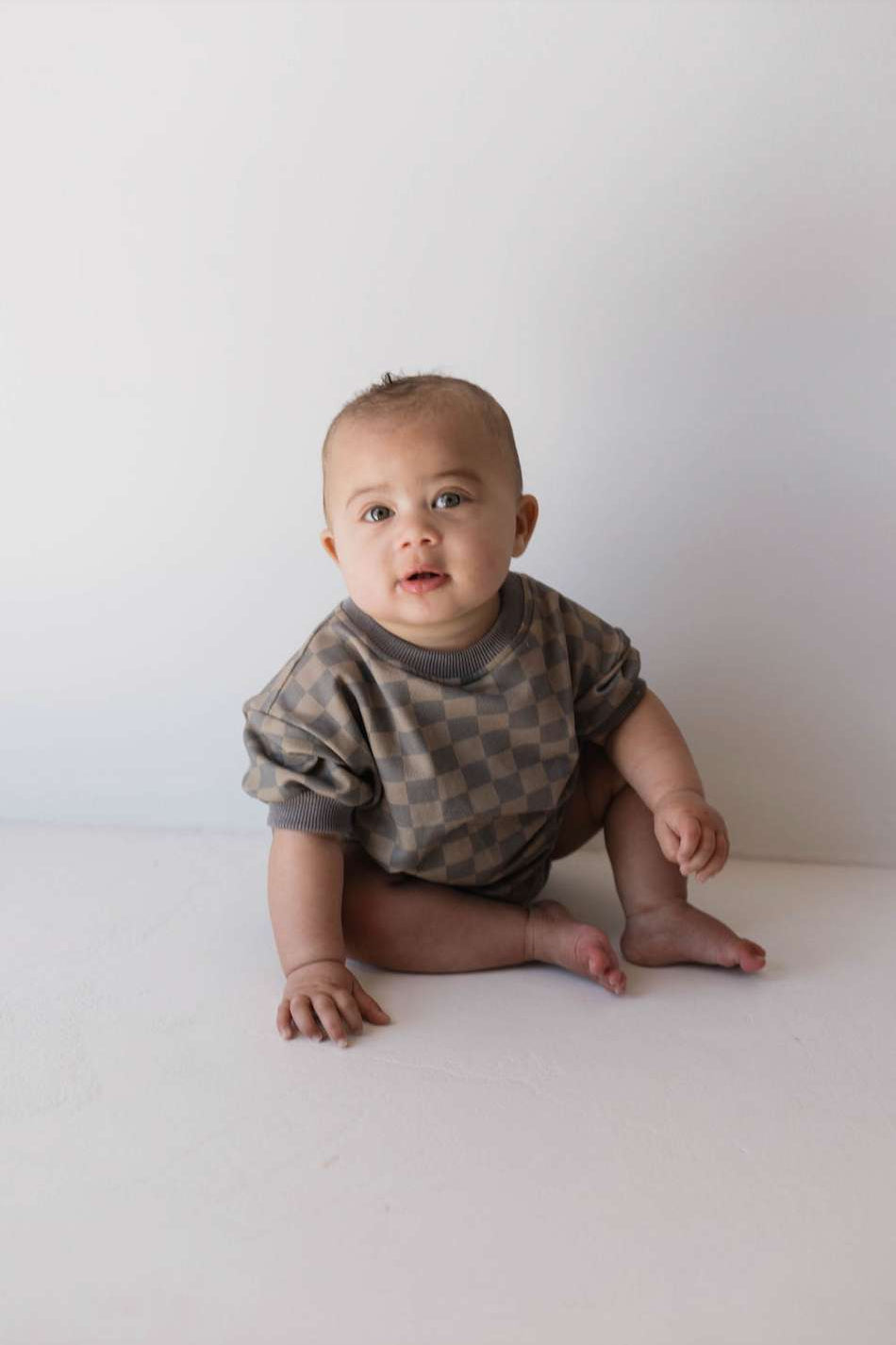 Faded Brown Checkerboard | Short Sleeve Romper Milk & Baby