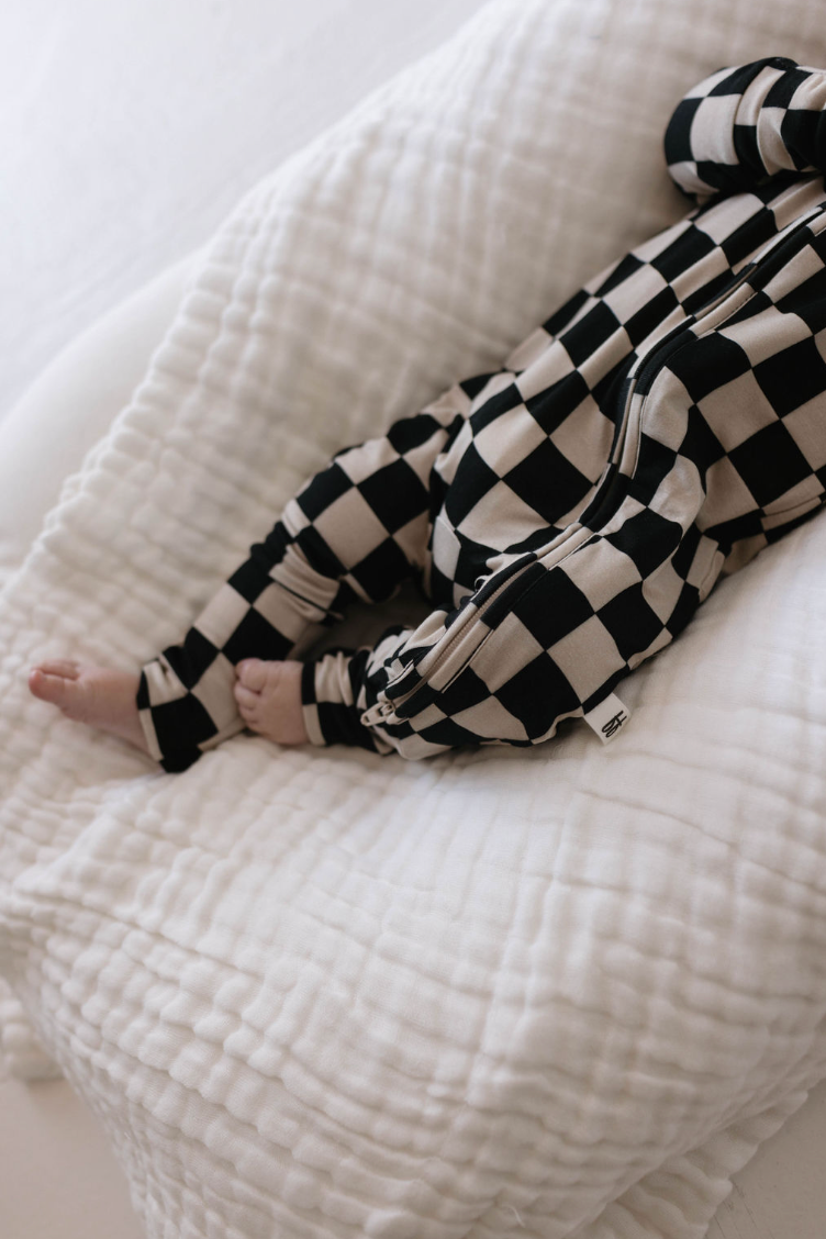 Black Checkerboard | Bamboo Zip Pajamas | Milk & Baby