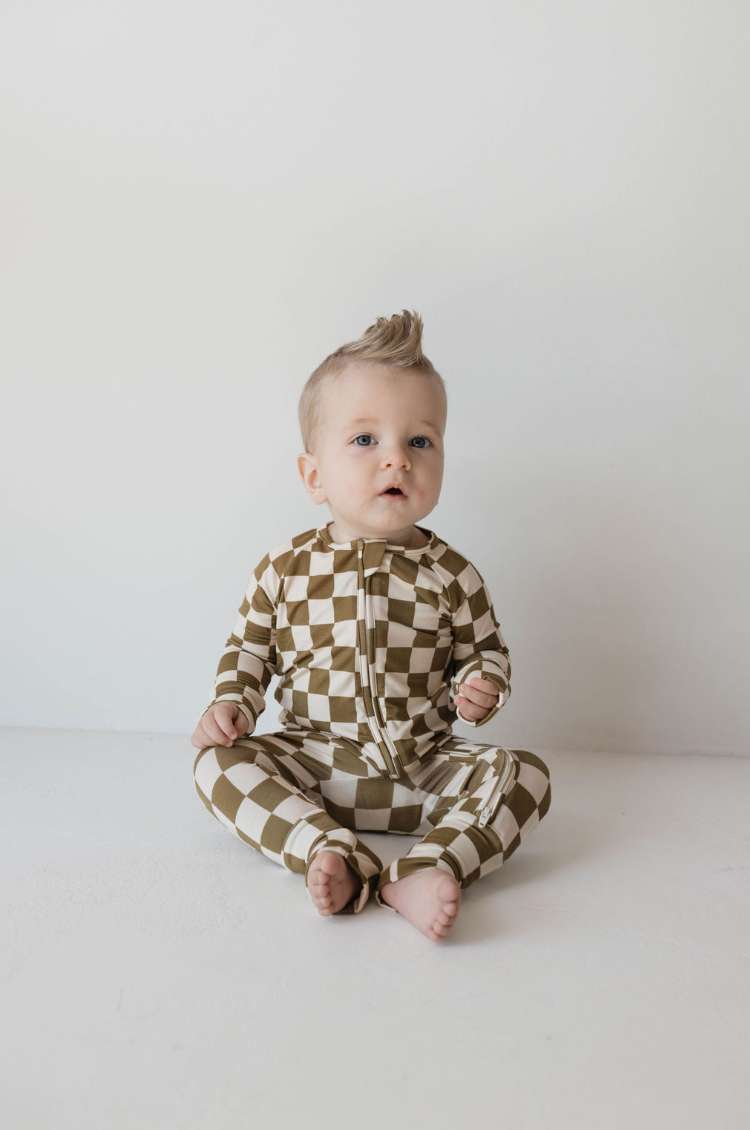 Olive checker | Bamboo Zip Pajamas Milk & Baby