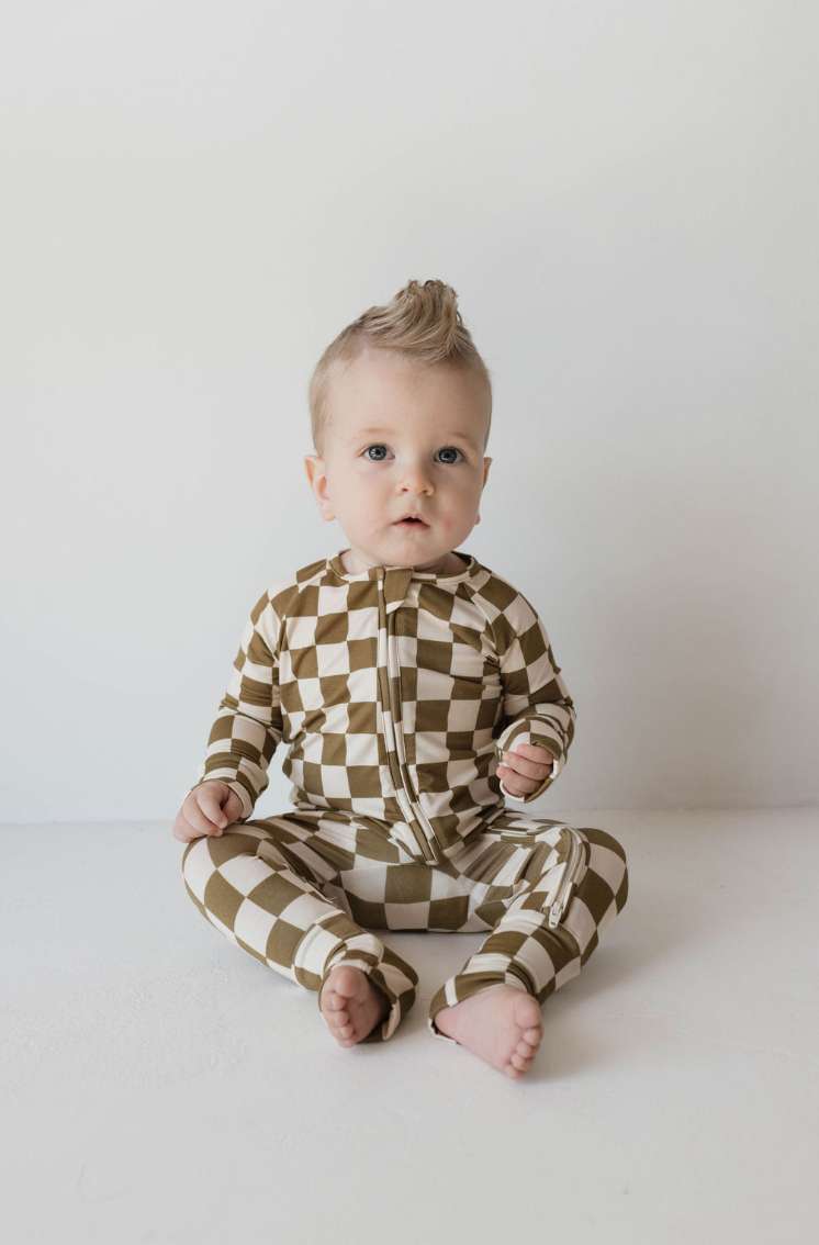 Olive checker | Bamboo Zip Pajamas Milk & Baby