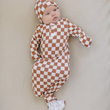 Rust Checkered Bamboo Newborn Knot Hat