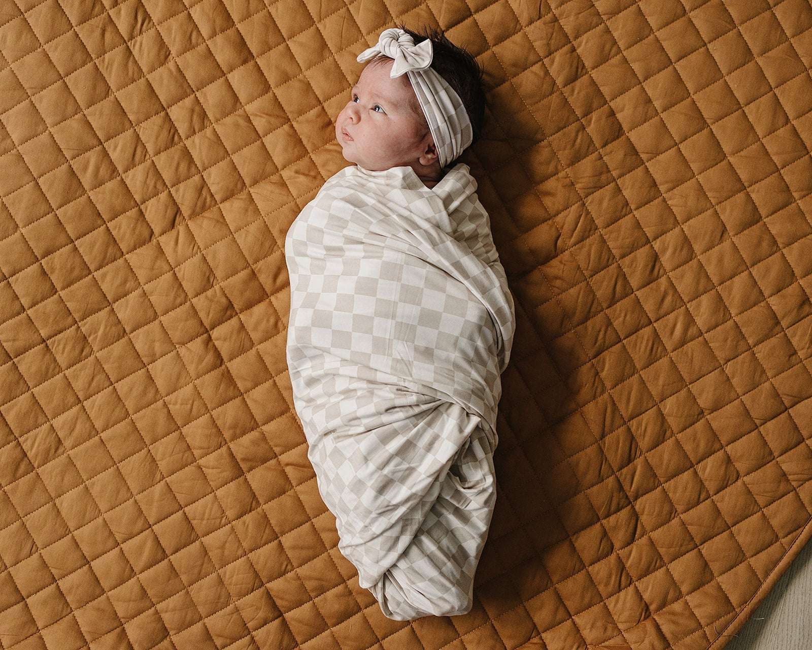 Taupe Checkered Bamboo Stretch Swaddle Milk & Baby