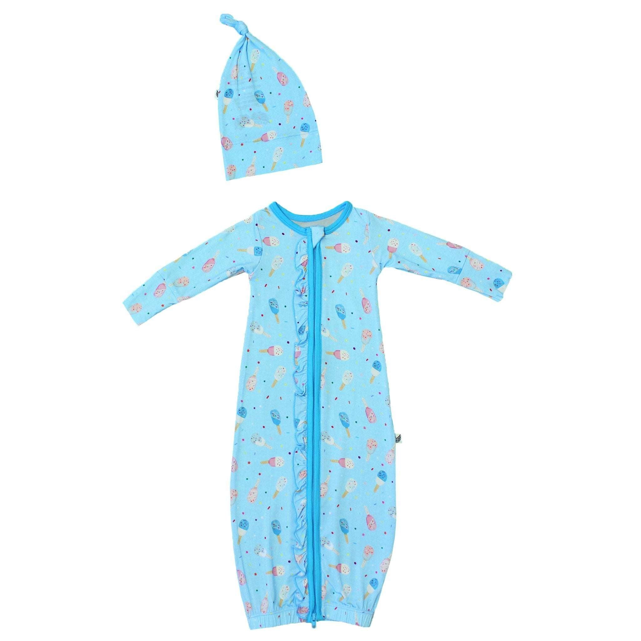 Aqua Popsicles Ruffle Newborn Gown & Knot Hat Set Milk & Baby
