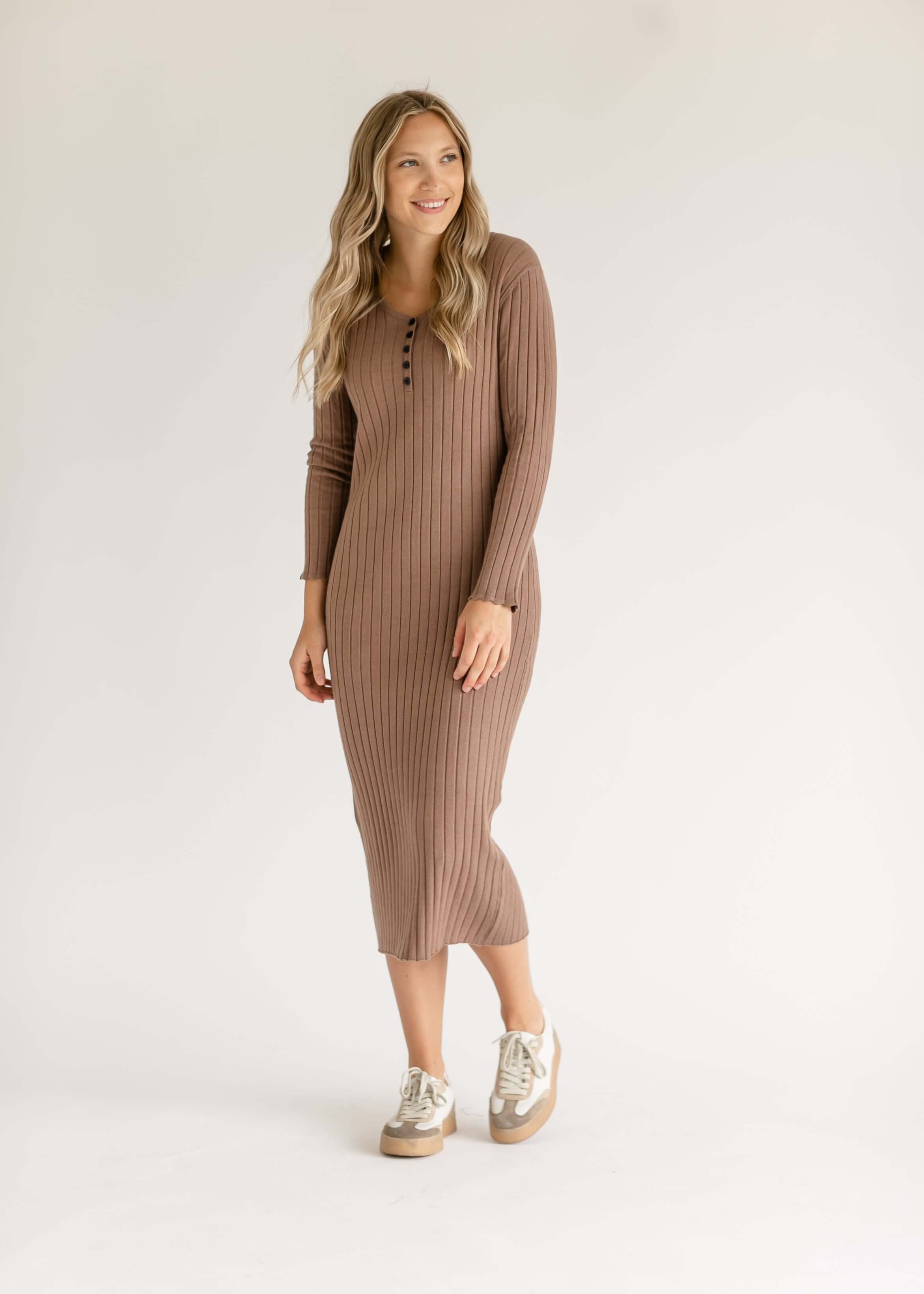 Cassie Quarter Button Knit Midi Dress