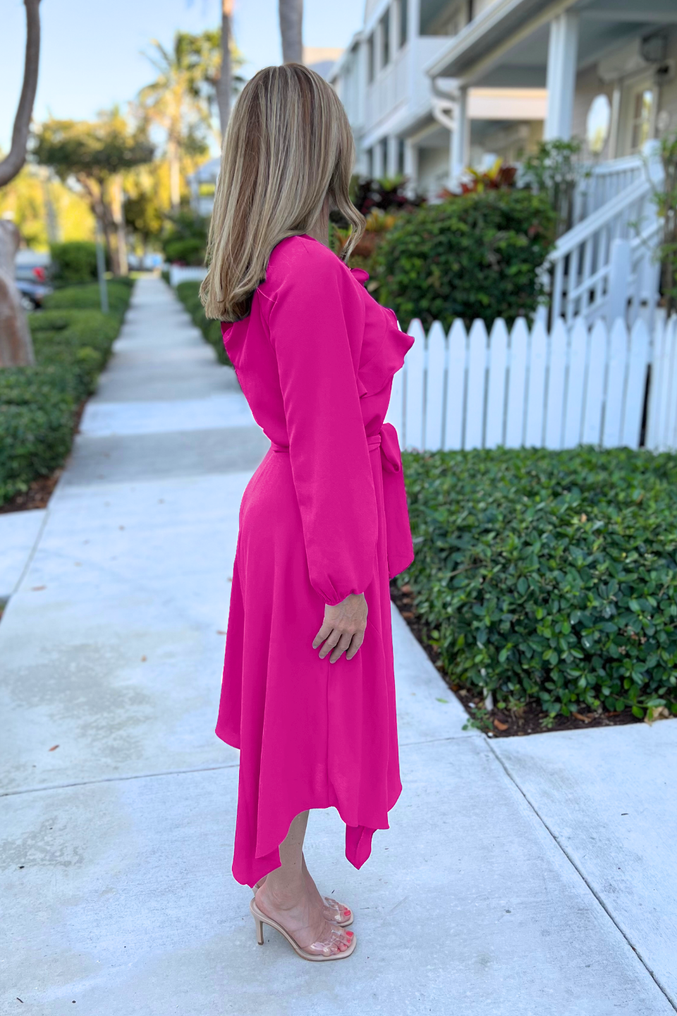 Long Sleeve Crepe Belted Midi Dress | Hot Fuchsia Milk & Baby