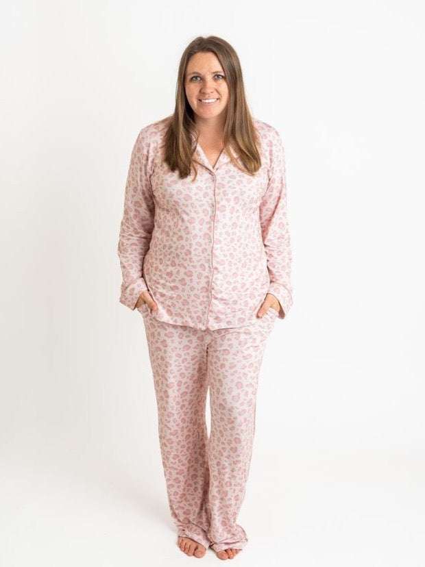 Pink Leopard Long Sleeve Button Up Pajamas Milk & Baby