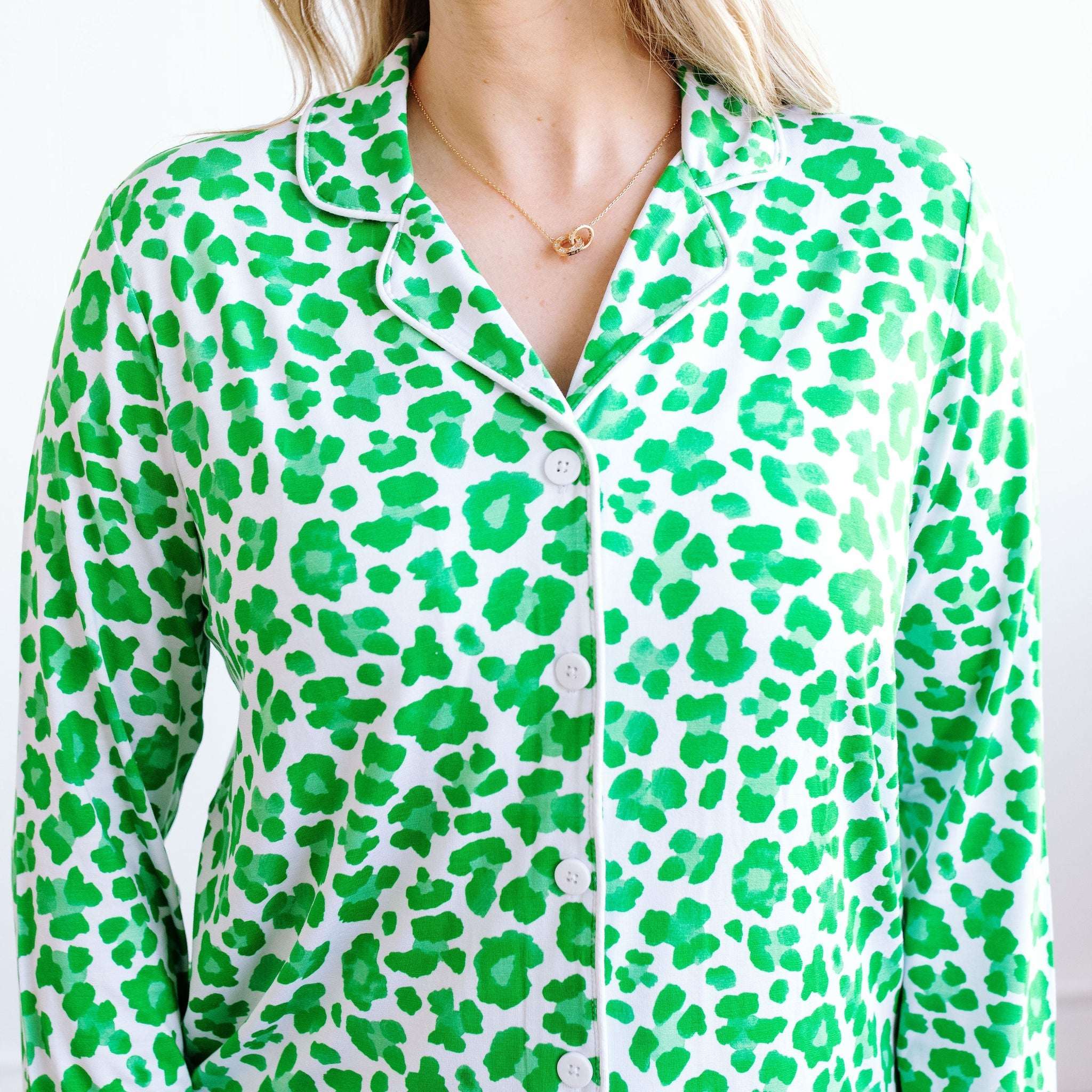 Green Leopard Women’s Button Down Short Set | Milk & Baby 