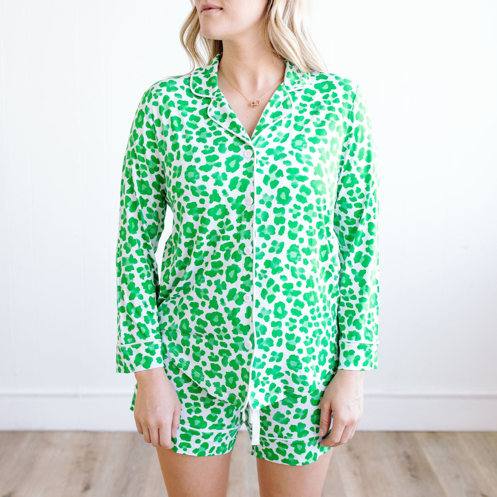 Green Leopard Women’s Button Down Short Set | Milk & Baby