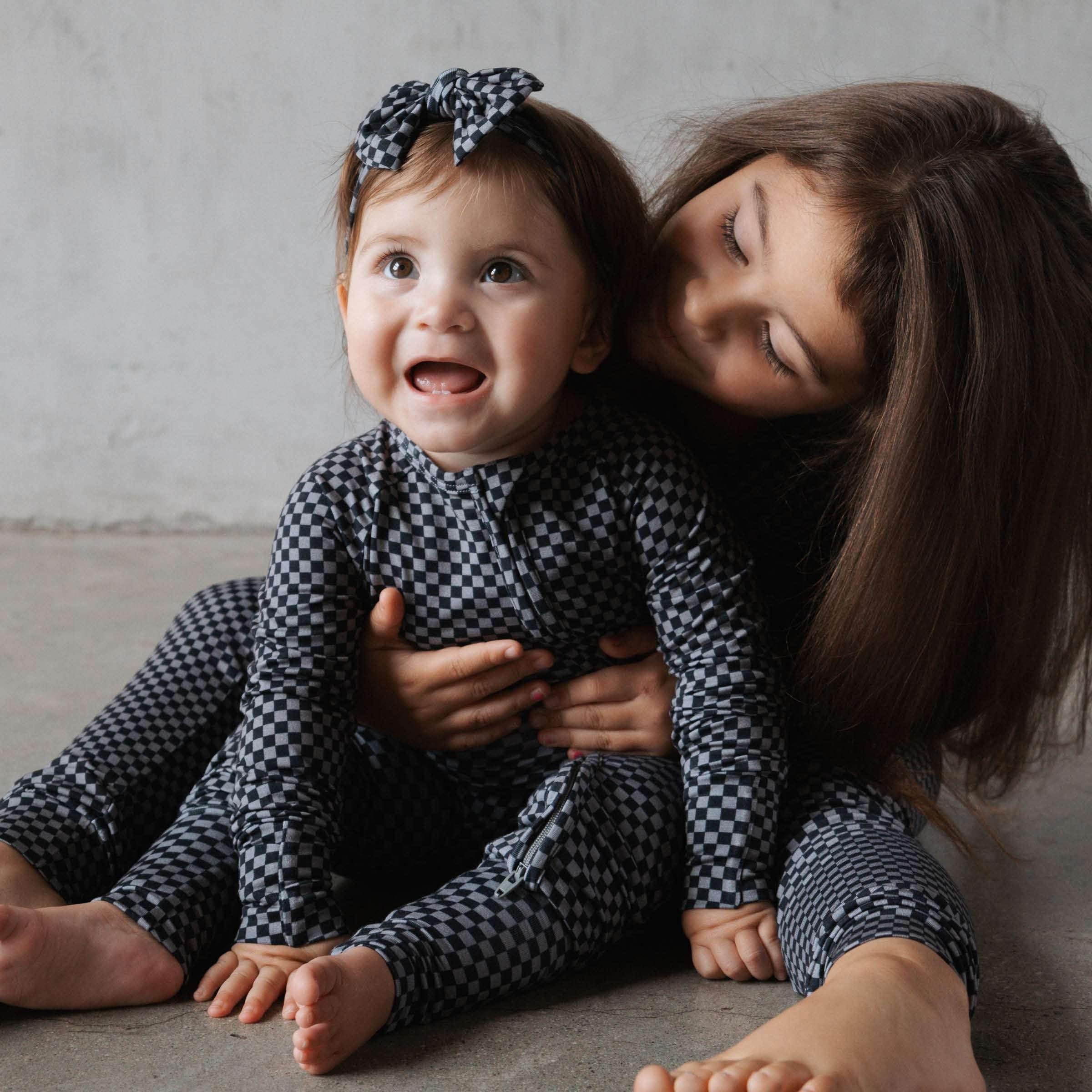 Midnight Checker | Bamboo Zip Romper Milk & Baby