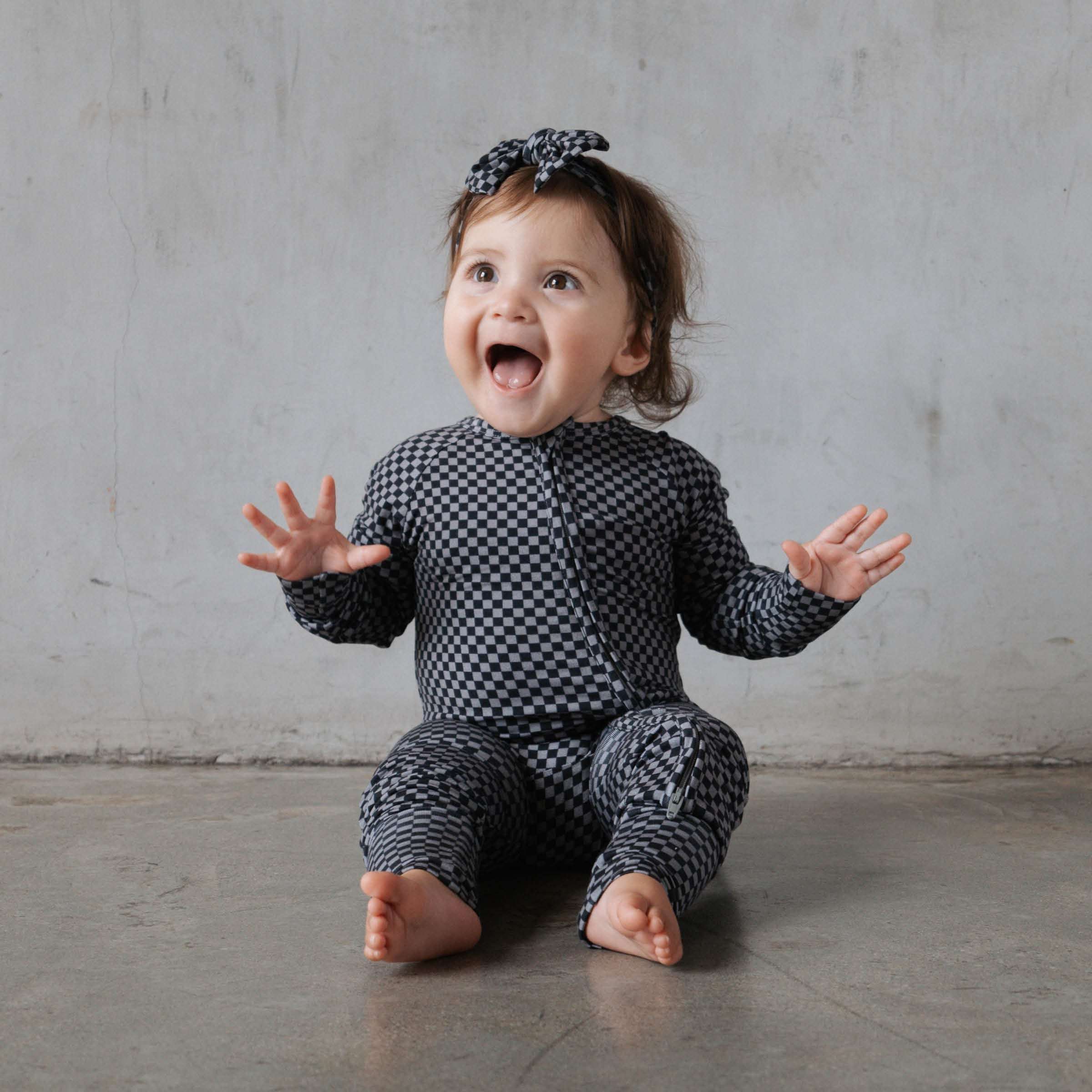 Midnight Checker | Bamboo Zip Romper Milk & Baby