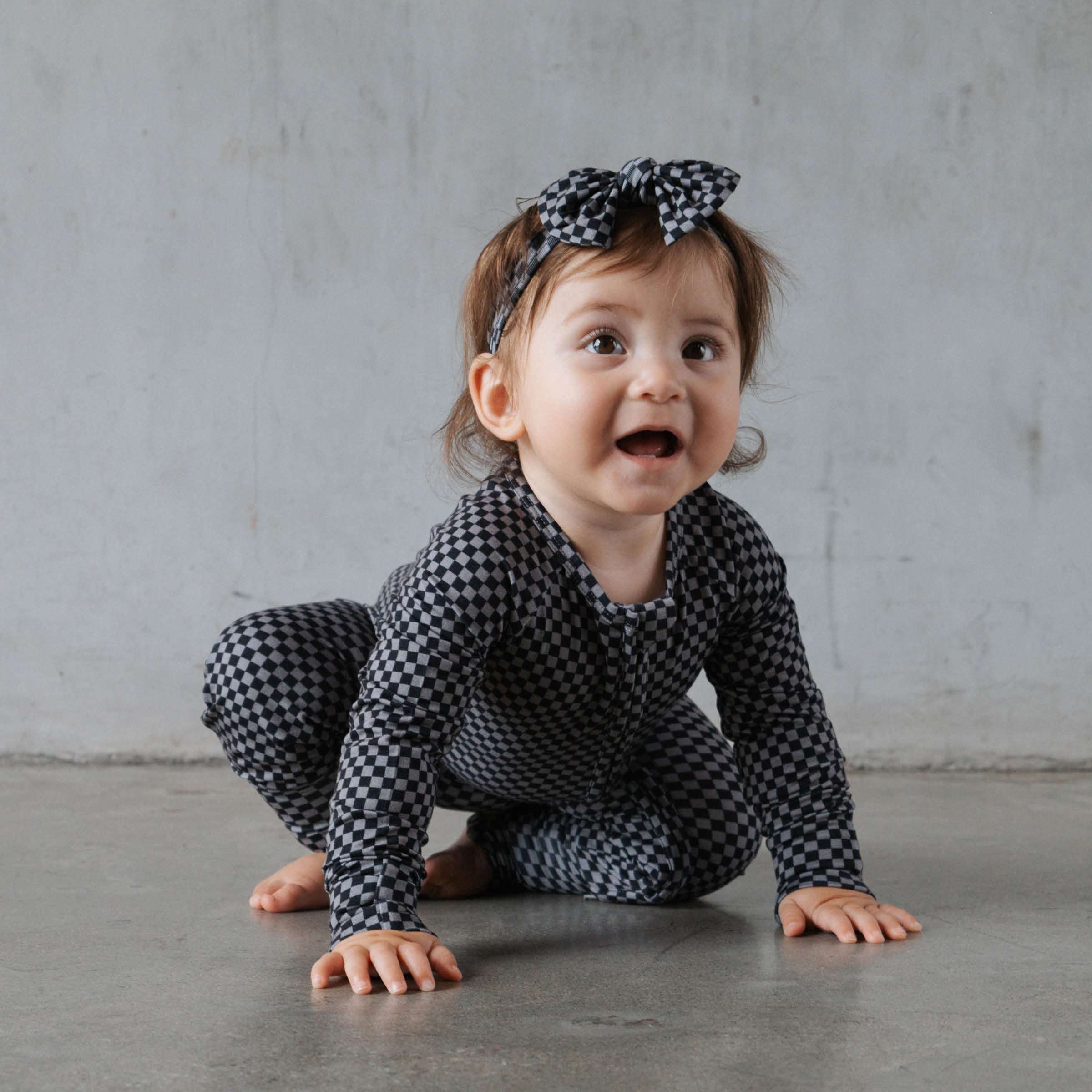 Midnight Checker | Bamboo Zip Romper Milk & Baby