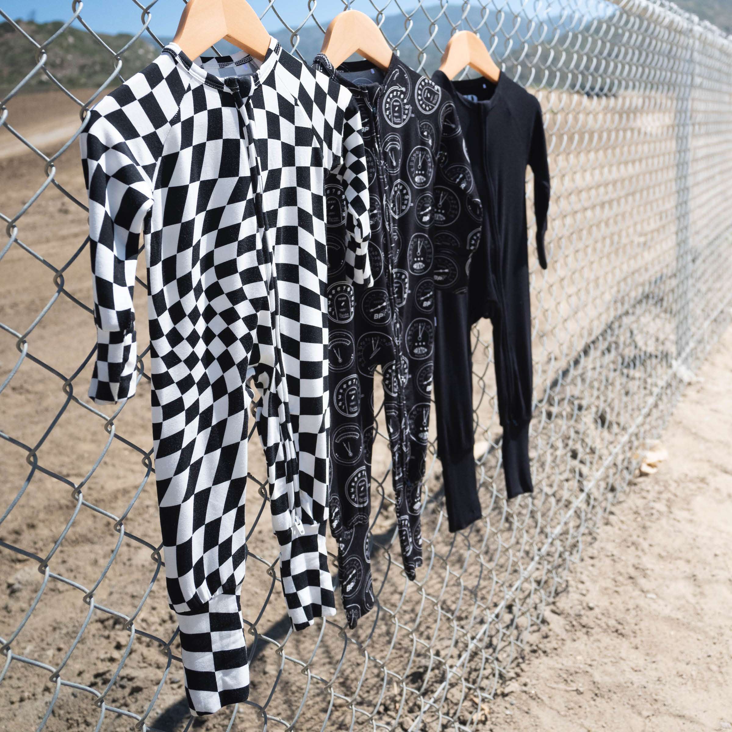 B&W Wavy Checker | Bamboo Zip Romper Milk & Baby